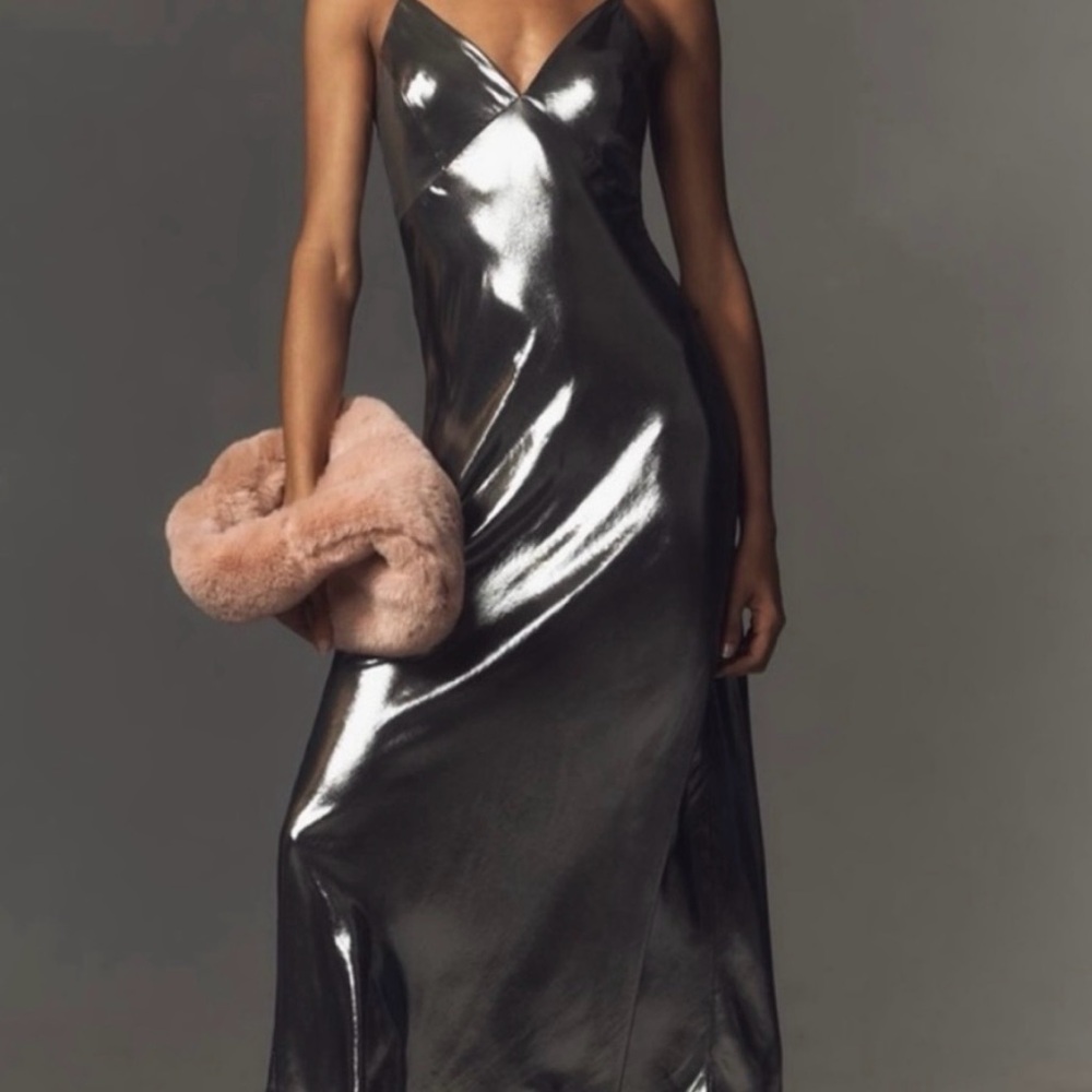 Anthropologie Silver Liquid Metal Evening Gown